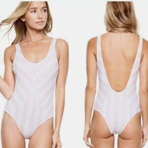 Tori Praver One piece Swimsuit L Chevron White Blush Genevie Scoop Cheeky